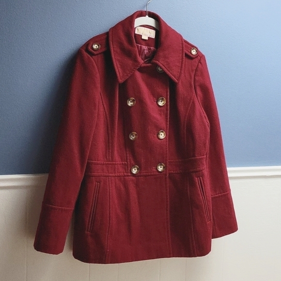 MICHAEL KORS Womens Pea Coat Wool Blend Double Breasted Red Sz Large - Picture 3 of 9